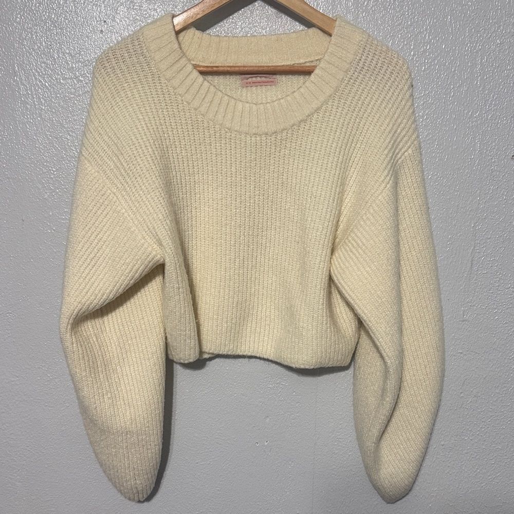 Urban Outfitters Sydney Ribbed Knit Cropped Sweater Cream Ivory Balloon Sleeve M